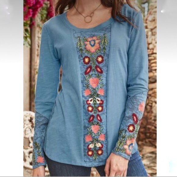 Sundance Tops Sundance Blue Floral Embroidered Cotton Long Sleeve
